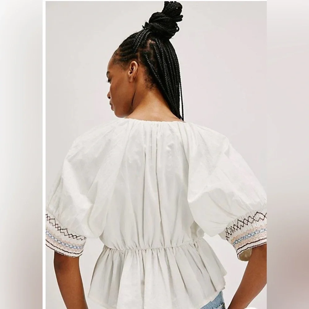 Free People Where We Meet Smocked Blouse Top Buttondown Cotton Crisp L
